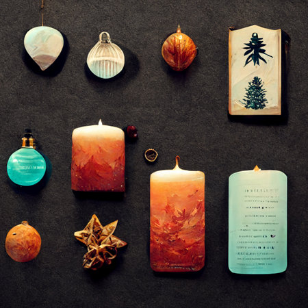 Flatlay of colorful Christmas candles and decorations, illustration with copy space.の写真素材