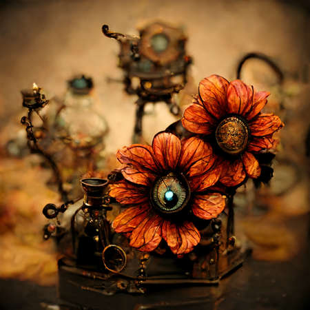 Still life artistic illustration of orange toned flowers on decorative objects. Painterly effect with lots of texture.の写真素材