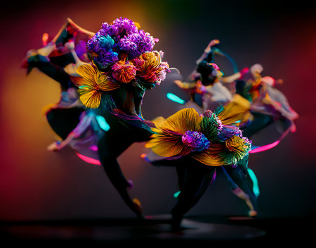 Brightly colored flowers dancing, with silhouettes of figures behind them. Artistic illustration.の写真素材