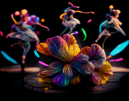 Brightly colored flowers dancing, with silhouettes of figures behind them. Artistic illustration.の写真素材