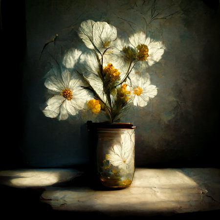 Ai created illustration of a vase of flowers still life with soft painterly effect.の写真素材