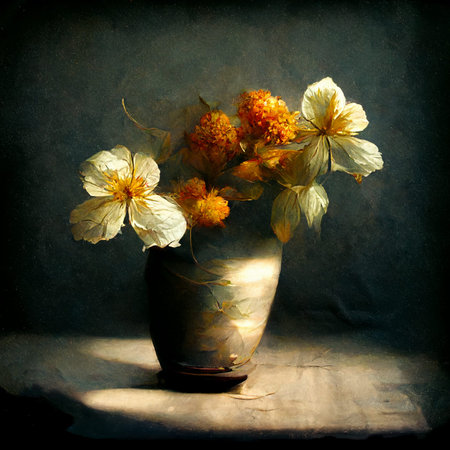 Ai created illustration of a vase of flowers still life with soft painterly effect.の写真素材