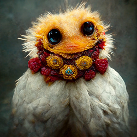 Ai generated cute fluffy chicken image, Red beak, large eyes, beads around neck. Creative illustration.の写真素材
