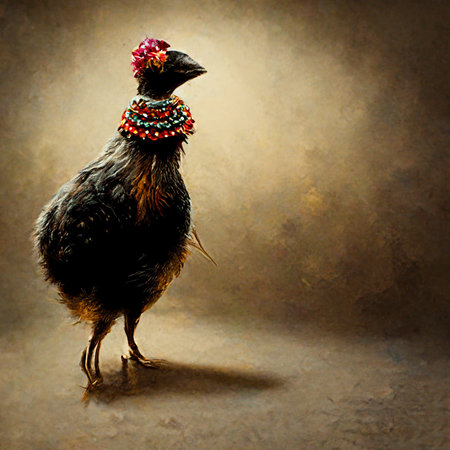 Ai generated hen modeling her jewelry against a background of brown texture and a vignette. Creative...