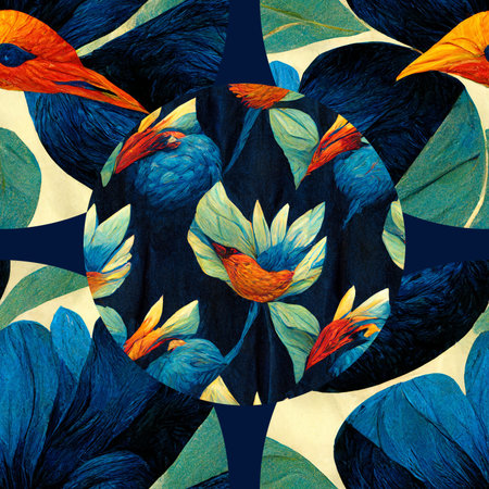 Bright and colorful seamless repeating pattern of tropical birds