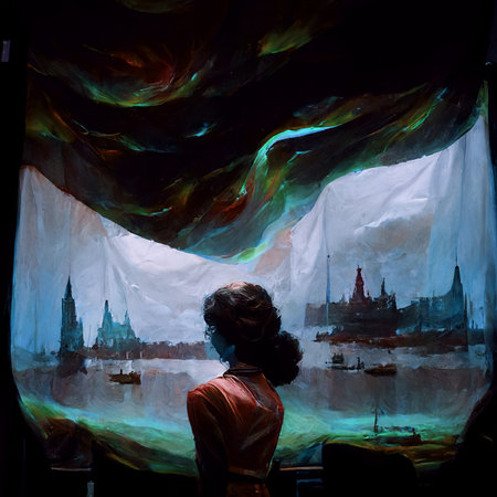 Ai generated painterly female figure in red dress looking across a river to an ancient city, shrouded in swirling colors above her. Creative illustration.の写真素材