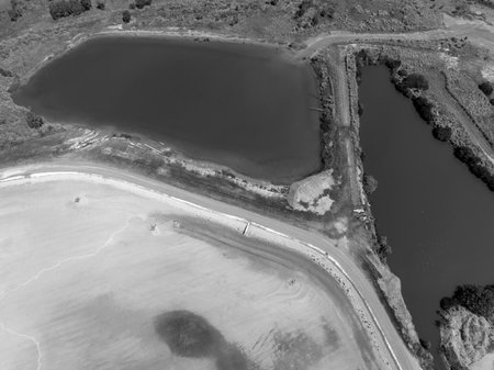 Drone aerial view of a prawn farm currently empty for the winter season. Grasstree Beach Queensland...