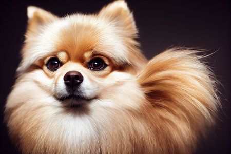 Illustrative portrait of a pomeranian dog face closeup, color tan and white.. Illustration resembling a cinematic photograph with shallow depth of field.の写真素材