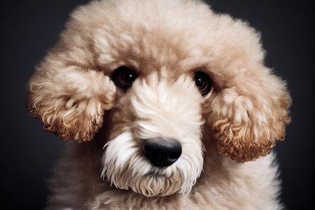 Illustration of a fluffy poodle dog face closeup, color cream. Illustration resembling a cinematic photograph with shallow depth of field.の写真素材