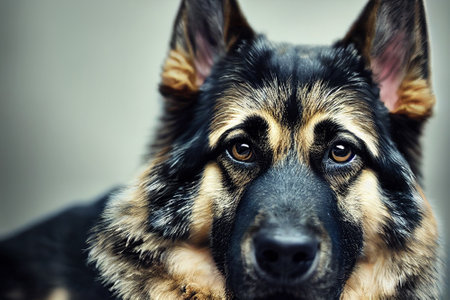Illustration of a german shepherd dog face closeup, color black and tan. Illustration resembling a cinematic photograph with shallow depth of field.の写真素材