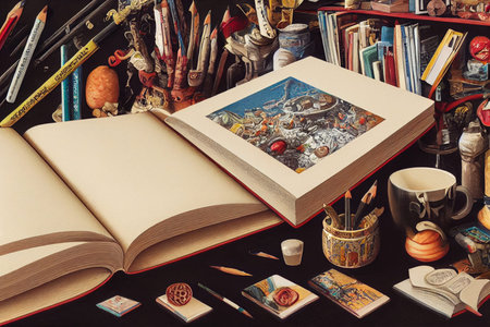 Flatlay overhead view of books and pencils. Concept illustration for business or back to school.