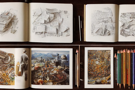 Flatlay overhead view of books and pencils. Concept illustration for business or back to school.