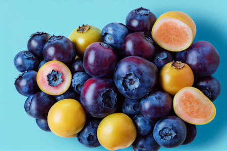 Flatlay of blueberries fruit harvest at market, a natural organic farm food source full of fibre and vitamins for a healthy diet.の写真素材