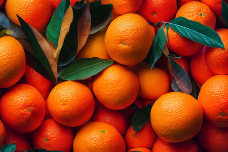 Flatlay of an orange fruit harvest at market, a natural organic farm food source full of fibre and...