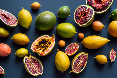Flatlay of passionfruit at market, a natural organic farm food source full of vitamins for a healthy diet.の写真素材
