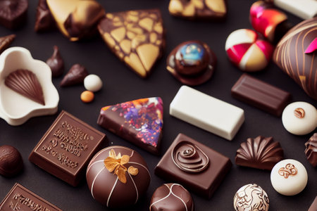 Flatlay of delicious chocolates, top down view of confectionery on a dark table background.の写真素材