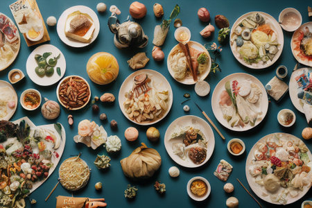 Top down view of an elaborate picnic table, blue background, lots of food to enjoy.の写真素材