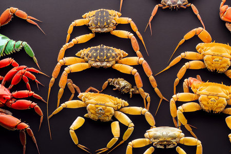 Flatlay of a collection of mud crabs on a dark background, top down view of food.の写真素材