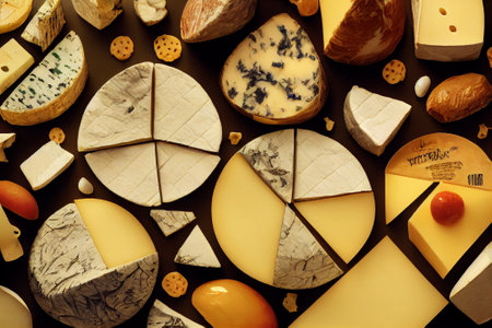 Flatlay of cheese wheels and wedges, farmhouse fresh from market. Top down view.の写真素材