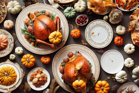 Flatlay of a table laden with thanksgiving dinner, turkey, vegetables and lots of food.の写真素材