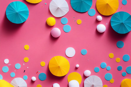 Pink, yellow, white and blue confetti sprinkled on a pink background for a birthday party. Flatlay...