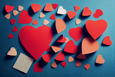 Flatlay of cut out red hearts on a blue background. Reminder notes for a loved one.