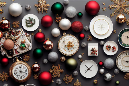 Flatlay of brightly colored christmas decorations, baubles and tinsel, plates and clocks.の写真素材