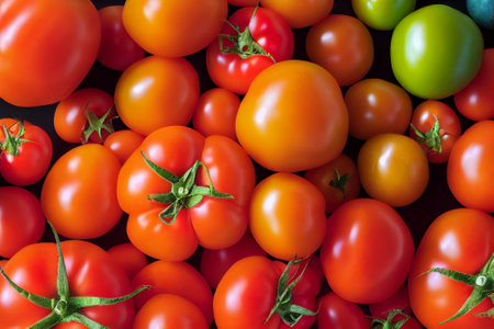 Flatlay of a luscious crop of homegrown juicy red cherry tomatoes.の写真素材