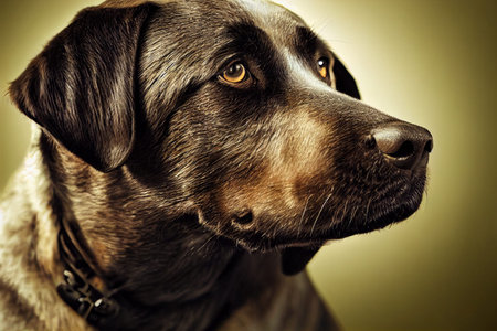 Illustrative portrait of a labrador retriever dog face closeup, detailed cinema graphic with shallow...