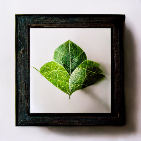 Artistic illustration of a green leaf within a black frame on a white background. Shallow depth of field.の写真素材