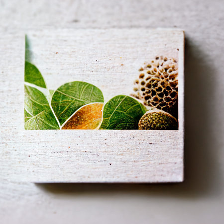 Artistic illustration of framed leaves on a white background with shallow depth of field.