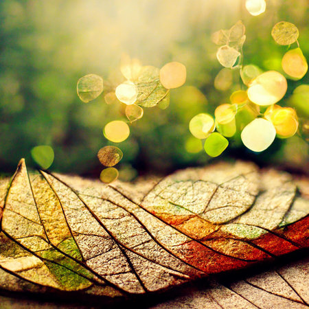 Artistic and creative illustration of leaves on the ground with bright bokkeh lights in the...