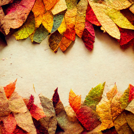 Creative illustration of autumn leaves with room for text, copy space. Bright yellow, orange and...