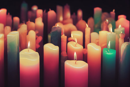 Illustration of lots of lit candles providing a soft warm glow.の写真素材
