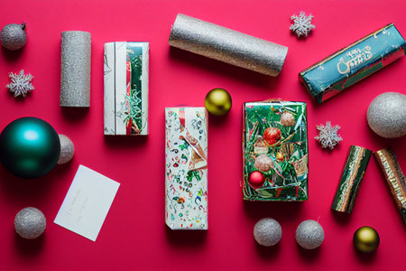 Illustrative concept flatlay of Christmas wrapping paper.の写真素材