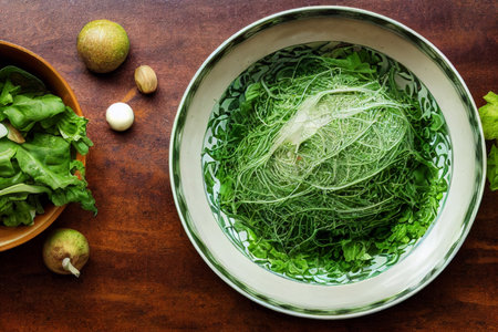 Flatlay illustration of a bowl of green salad. Creative concept.の写真素材