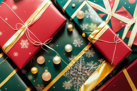 Illustrative flatlay of Christmas wrapping paper.の写真素材