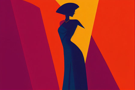 Creative illustration art deco colorful figures for use as wallpaper, background, cards, stationery, paper and more. Silhouette female with yellow, orange, red.の写真素材