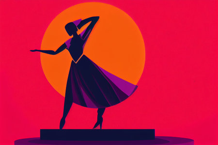 Creative illustration art deco colorful figures for use as wallpaper, background, cards, stationery, paper and more. Silhouette female wearing a skirt, orange and red.の写真素材