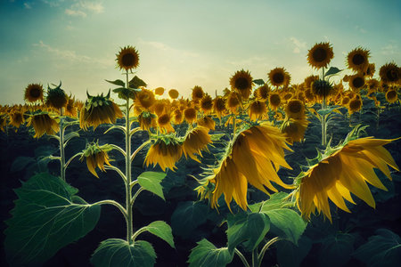 Creative illustration of a field of sunflowers swaying in the breeze on a dull day.の写真素材