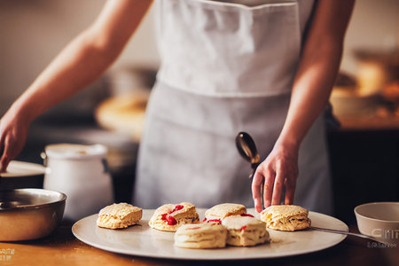 Woman chef making scones with jam. Photo realism illustration