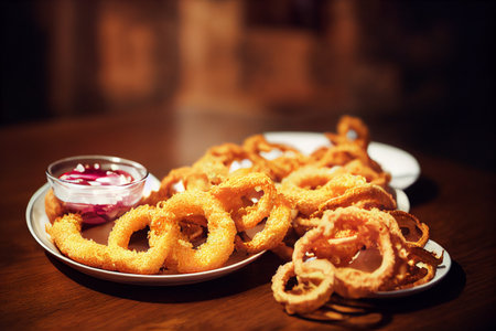 Deep fried crunchy onion rings. Photo realism illustration.の写真素材