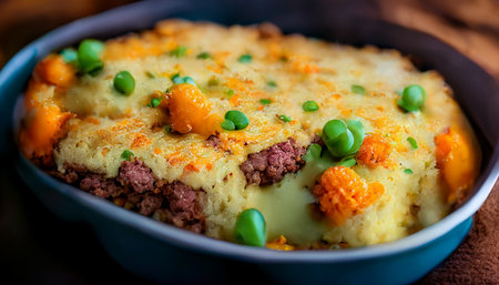 A serve of homemade shepherd's pie with sausage meat, mashed potatoes, vegetables and a cheese topping.. Photo realism illustration.の写真素材