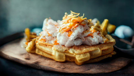 Toasted waffles topped with poached eggs, a tasty breakfast dish. Photo realism illustration.の写真素材