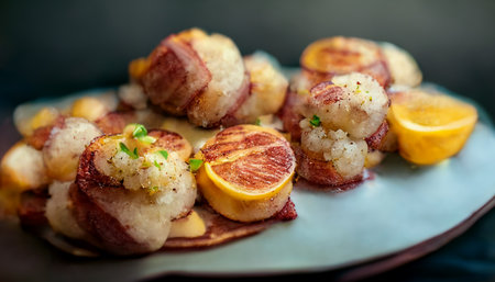 Delicious bacon wrapped scallops with slices of lemon. Photo realism illustration.の写真素材