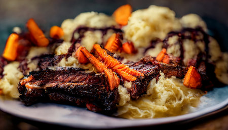 Delicious homemade beef ribs with potato mash and carrots. Photo realism illustration.の写真素材