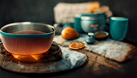 Close up of a bowl of honey on a kitchen bench top. Photo realism illustration.の写真素材