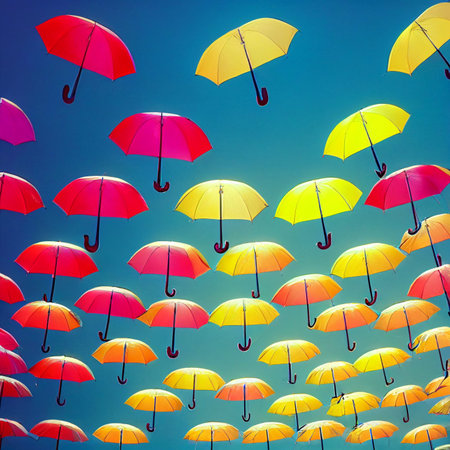 Vibrant floating umbrellas background wallpaper, colorful and interesting, a cool design for posters and online creative illustrations.の写真素材