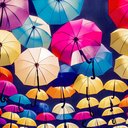Vibrant floating umbrellas background wallpaper, colorful and interesting, a cool design for posters...