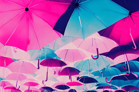 Translucent abstract umbrella shapes background, soft, colorful artistic and decorative design to print on stationery and invitations. Creative illustration useful as digital wallpaper.の写真素材